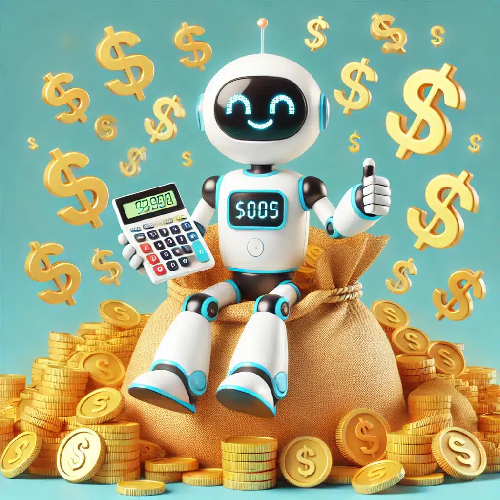 DALL·E 2025-02-12 12.24.43 - A friendly and humorous robot sitting on a large sack of gold coins, with dollar signs floating around. The robot has a cheerful expression, holding a ROI van een robot is hoog