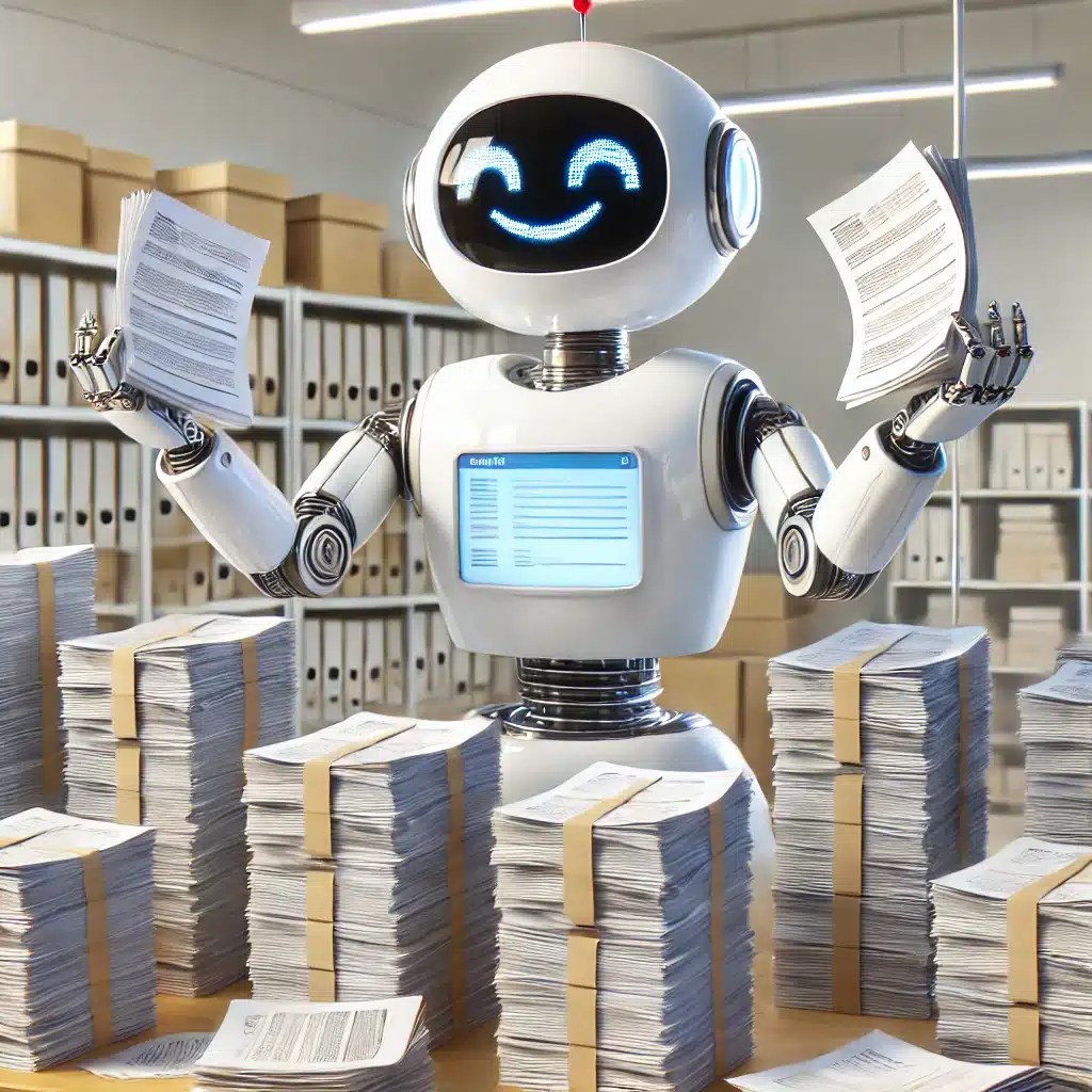 DALL·E 2025-03-21 12.32.00 - A cheerful robot happily working through large stacks of paperwork, efficiently automating tasks. The robot has a friendly, smiling face and is surrou