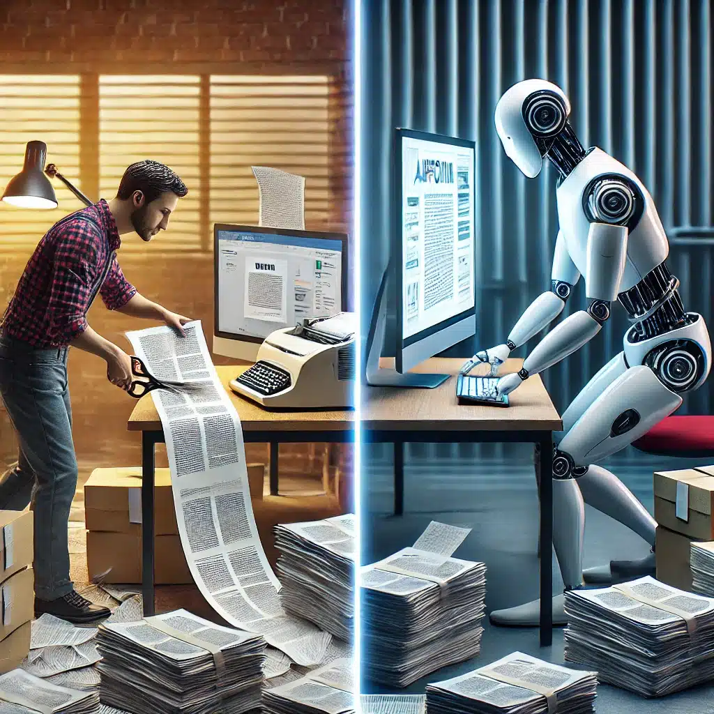 DALL·E 2025-03-26 19.34.56 - A split image showing a person manually cutting and pasting papers on one side, and on the other side, a robot efficiently performing the same task au Webscraping-robot laten bouwen? Zo werkt het.